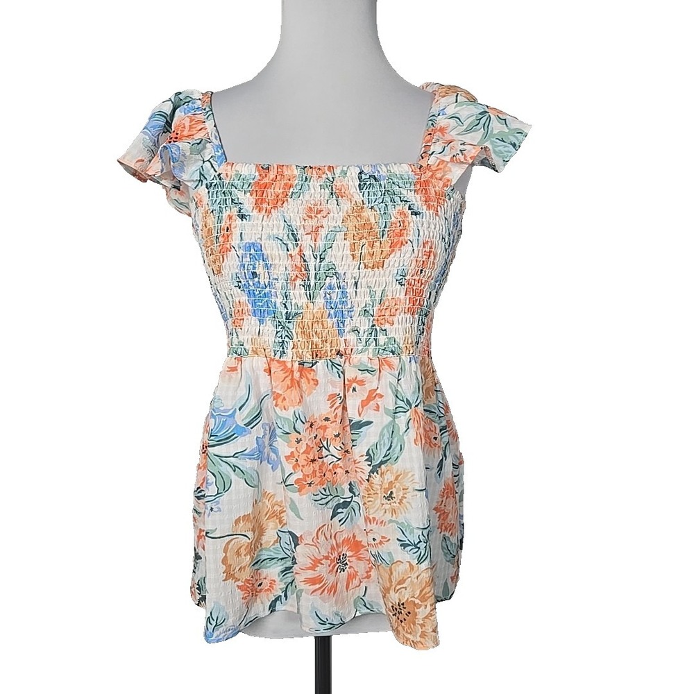 LOFT White Floral Smocked Ruffle Cap Sleeve Tank Top Blouse Medium M